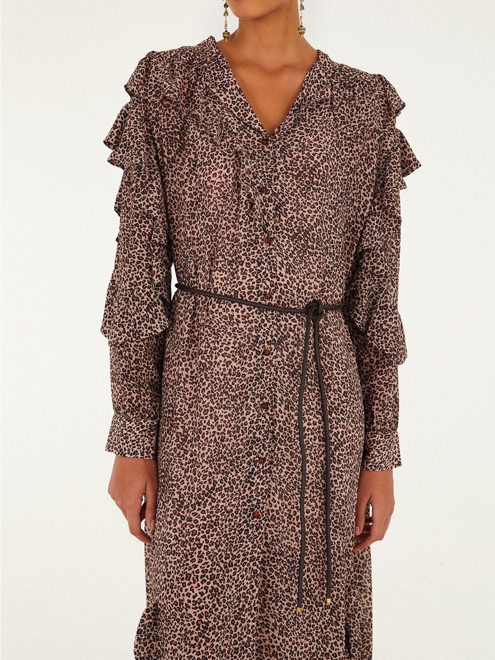 FARM Rio Brown Leopard Print Ruffle Long-Sleeve Dress